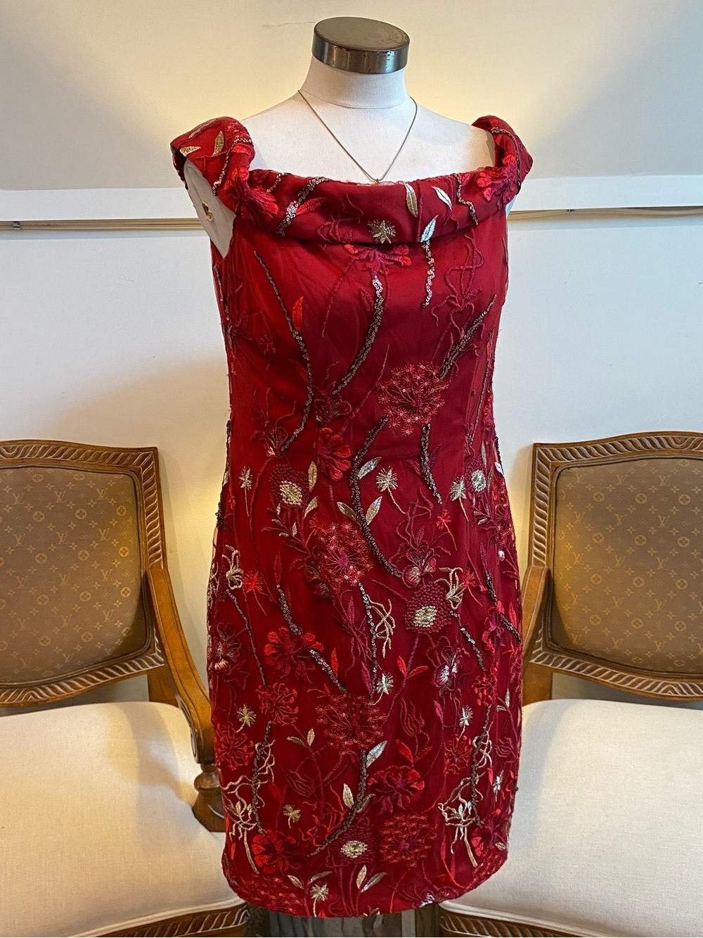 Carmen Marc Off-Shoulder Red Sequin Embroidered Cocktail Mini Dress 12